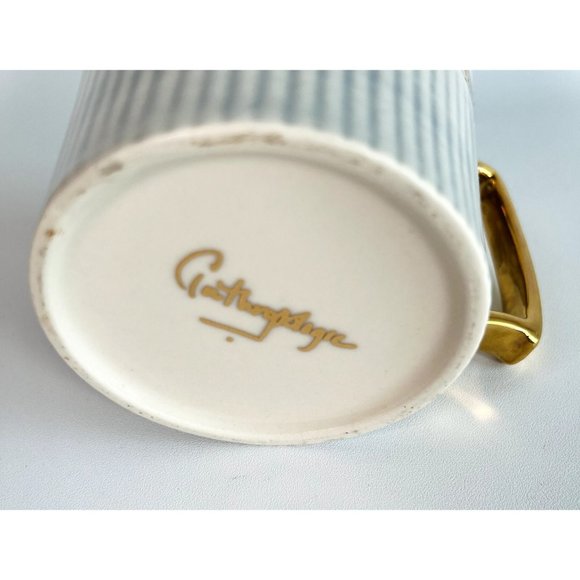 Anthropologie Home "Yours & Mine" Ceramic Cup Mug Ivory Blue Gold Set 2 Flaw - Picture 12 of 16